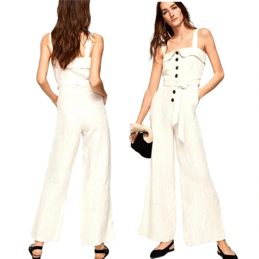 Mango 100% Linen Sleeveless Striped Button Front Wide Leg Jumpsuit Size Large
